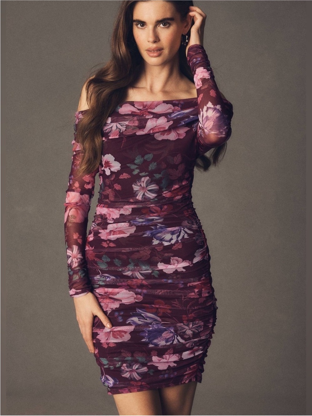 Anthropologie BHLDN
Long-Sleeve Off-Shoulder
Ruched Mini Dress Floral